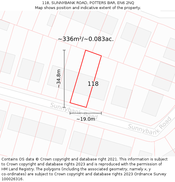 118, SUNNYBANK ROAD, POTTERS BAR, EN6 2NQ: Plot and title map