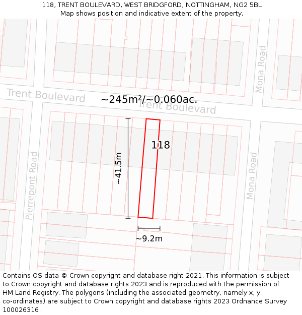 118, TRENT BOULEVARD, WEST BRIDGFORD, NOTTINGHAM, NG2 5BL: Plot and title map