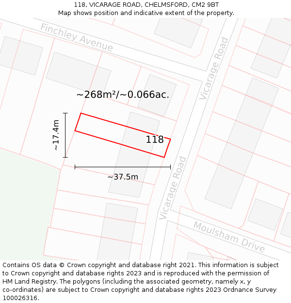 118, VICARAGE ROAD, CHELMSFORD, CM2 9BT: Plot and title map