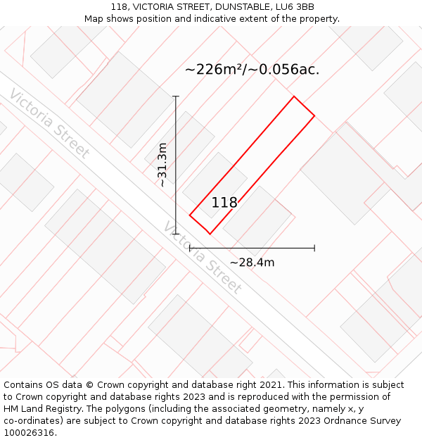 118, VICTORIA STREET, DUNSTABLE, LU6 3BB: Plot and title map