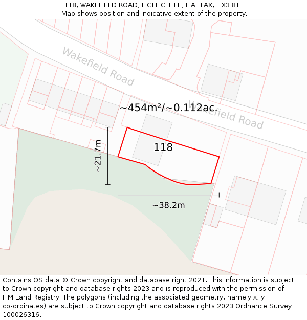 118, WAKEFIELD ROAD, LIGHTCLIFFE, HALIFAX, HX3 8TH: Plot and title map