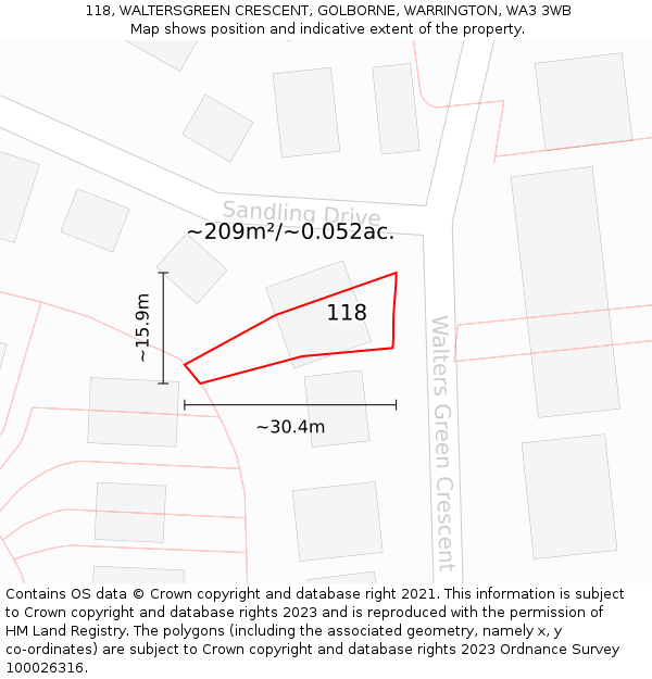 118, WALTERSGREEN CRESCENT, GOLBORNE, WARRINGTON, WA3 3WB: Plot and title map