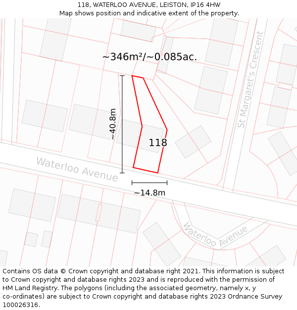 118, WATERLOO AVENUE, LEISTON, IP16 4HW: Plot and title map