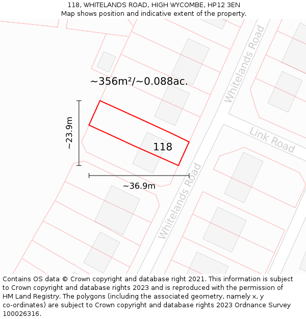 118, WHITELANDS ROAD, HIGH WYCOMBE, HP12 3EN: Plot and title map