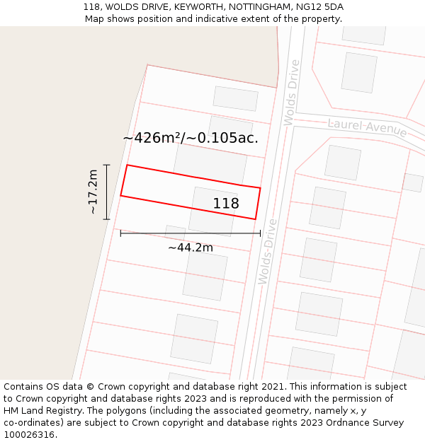 118, WOLDS DRIVE, KEYWORTH, NOTTINGHAM, NG12 5DA: Plot and title map