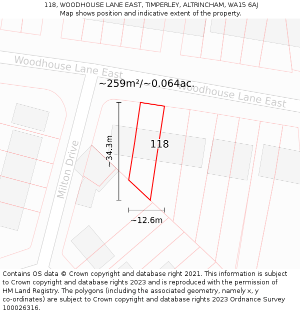 118, WOODHOUSE LANE EAST, TIMPERLEY, ALTRINCHAM, WA15 6AJ: Plot and title map