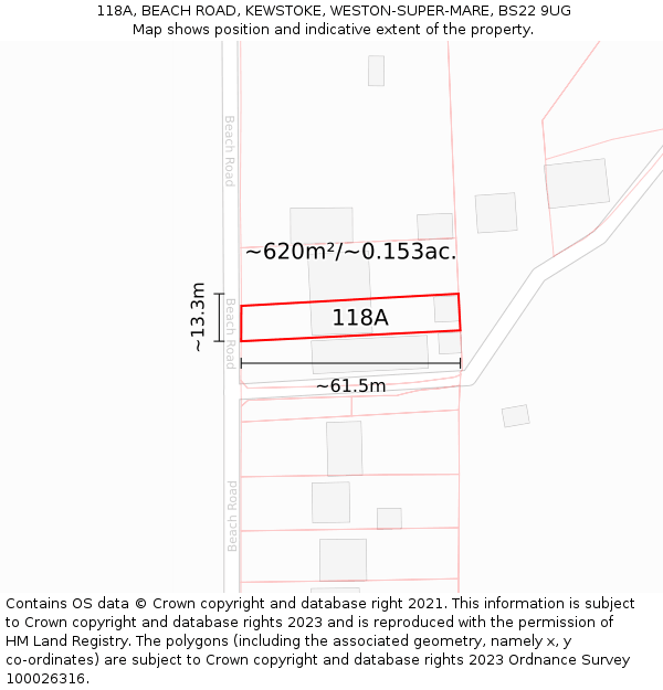 118A, BEACH ROAD, KEWSTOKE, WESTON-SUPER-MARE, BS22 9UG: Plot and title map