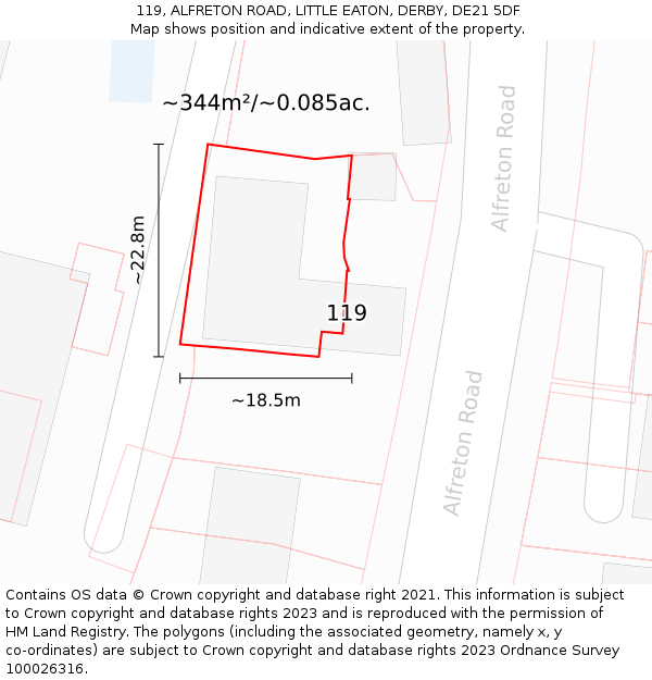 119, ALFRETON ROAD, LITTLE EATON, DERBY, DE21 5DF: Plot and title map