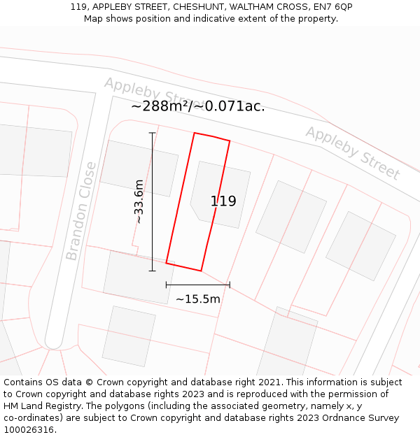 119, APPLEBY STREET, CHESHUNT, WALTHAM CROSS, EN7 6QP: Plot and title map