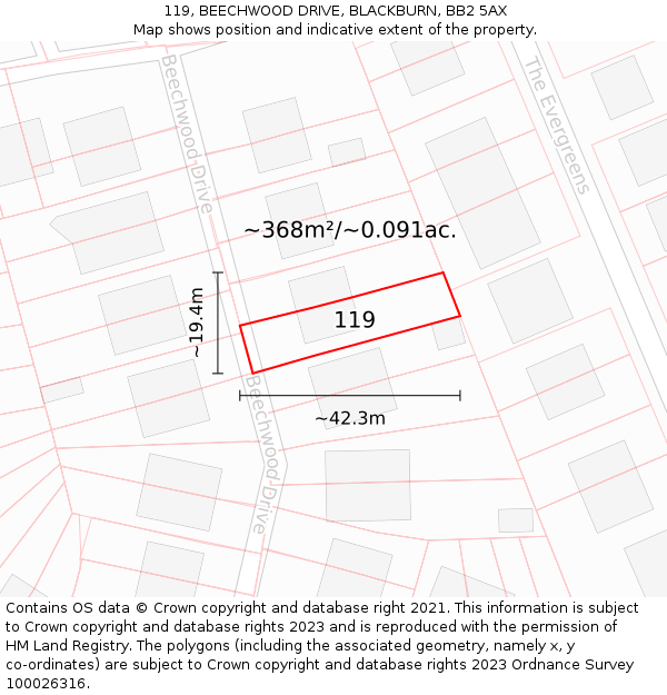 119, BEECHWOOD DRIVE, BLACKBURN, BB2 5AX: Plot and title map