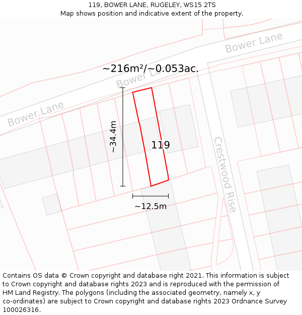 119, BOWER LANE, RUGELEY, WS15 2TS: Plot and title map