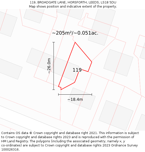 119, BROADGATE LANE, HORSFORTH, LEEDS, LS18 5DU: Plot and title map