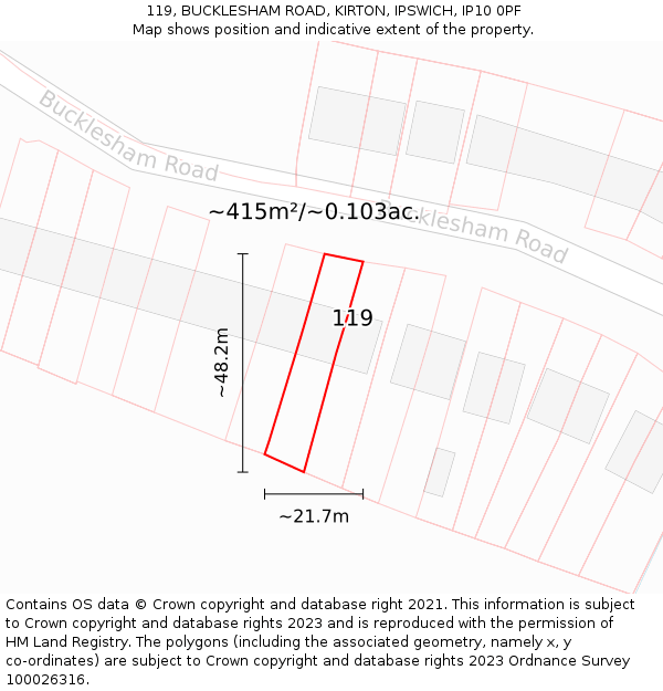 119, BUCKLESHAM ROAD, KIRTON, IPSWICH, IP10 0PF: Plot and title map