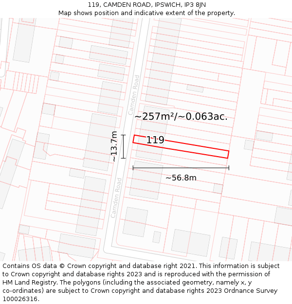 119, CAMDEN ROAD, IPSWICH, IP3 8JN: Plot and title map