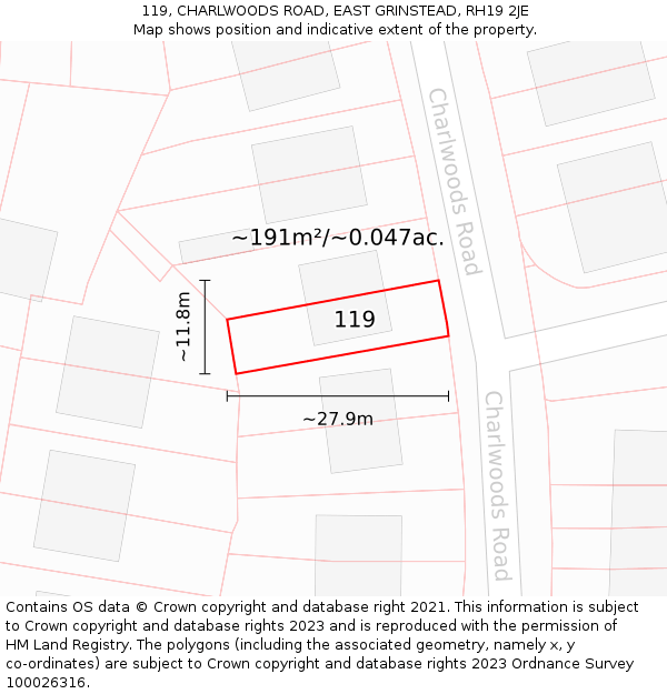 119, CHARLWOODS ROAD, EAST GRINSTEAD, RH19 2JE: Plot and title map