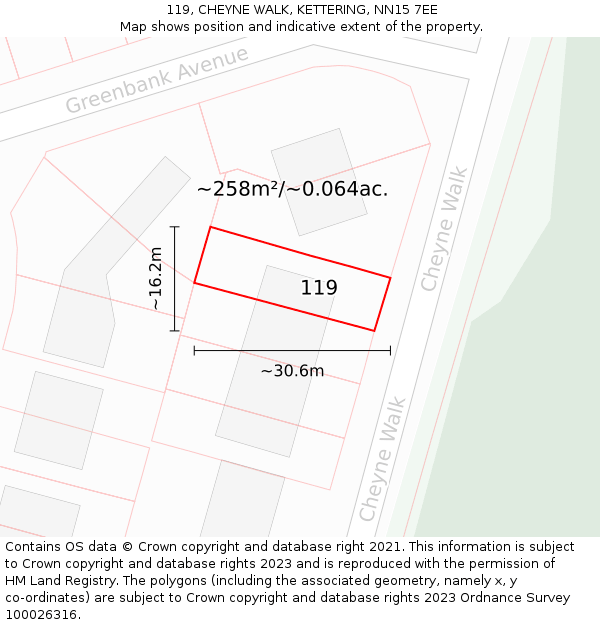 119, CHEYNE WALK, KETTERING, NN15 7EE: Plot and title map