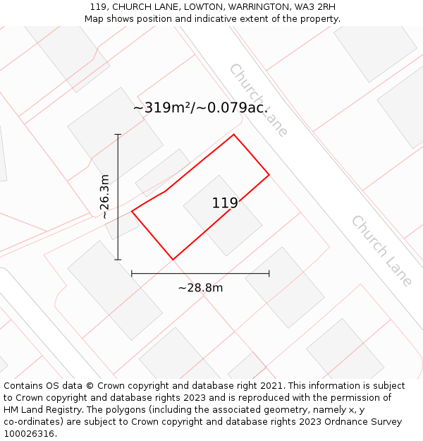 119, CHURCH LANE, LOWTON, WARRINGTON, WA3 2RH: Plot and title map