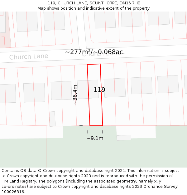 119, CHURCH LANE, SCUNTHORPE, DN15 7HB: Plot and title map