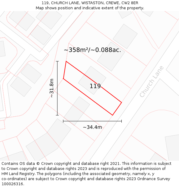 119, CHURCH LANE, WISTASTON, CREWE, CW2 8ER: Plot and title map