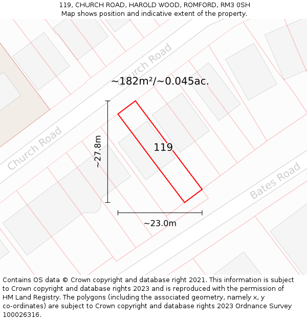 119, CHURCH ROAD, HAROLD WOOD, ROMFORD, RM3 0SH: Plot and title map