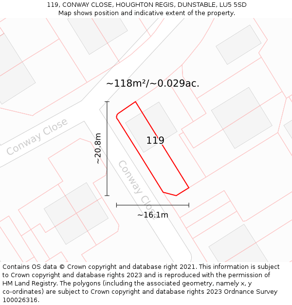 119, CONWAY CLOSE, HOUGHTON REGIS, DUNSTABLE, LU5 5SD: Plot and title map