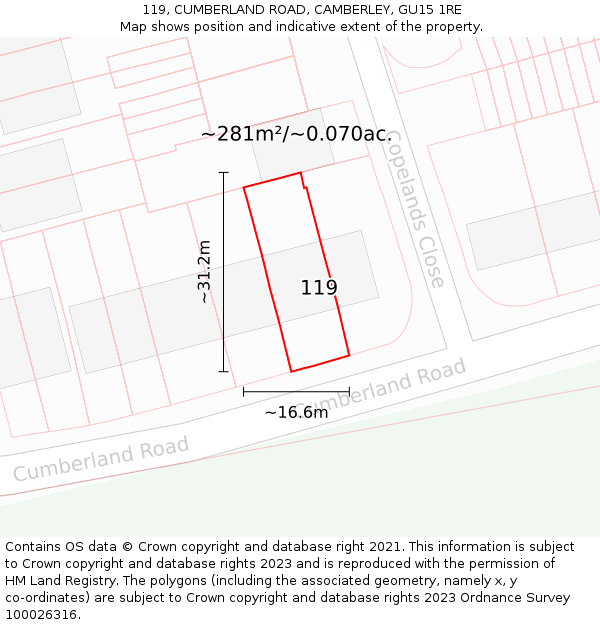 119, CUMBERLAND ROAD, CAMBERLEY, GU15 1RE: Plot and title map