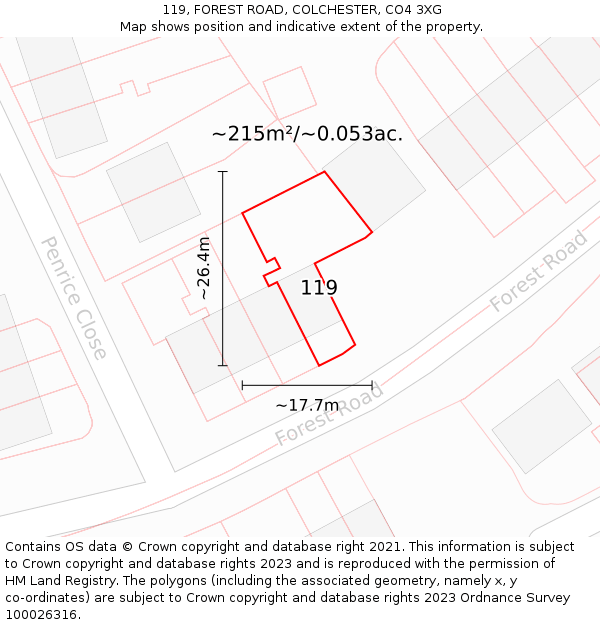 119, FOREST ROAD, COLCHESTER, CO4 3XG: Plot and title map