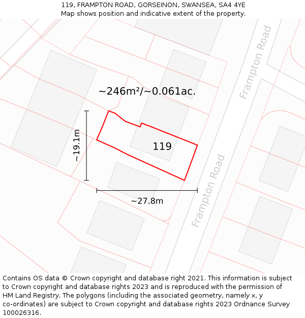 119, FRAMPTON ROAD, GORSEINON, SWANSEA, SA4 4YE: Plot and title map