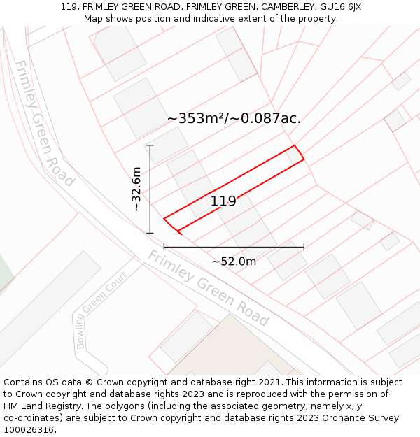 119, FRIMLEY GREEN ROAD, FRIMLEY GREEN, CAMBERLEY, GU16 6JX: Plot and title map