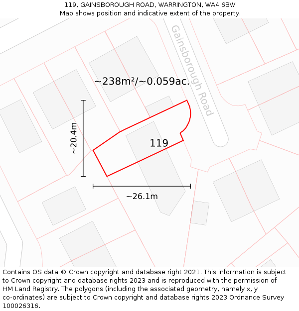 119, GAINSBOROUGH ROAD, WARRINGTON, WA4 6BW: Plot and title map