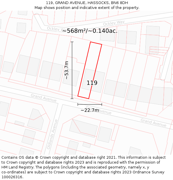 119, GRAND AVENUE, HASSOCKS, BN6 8DH: Plot and title map