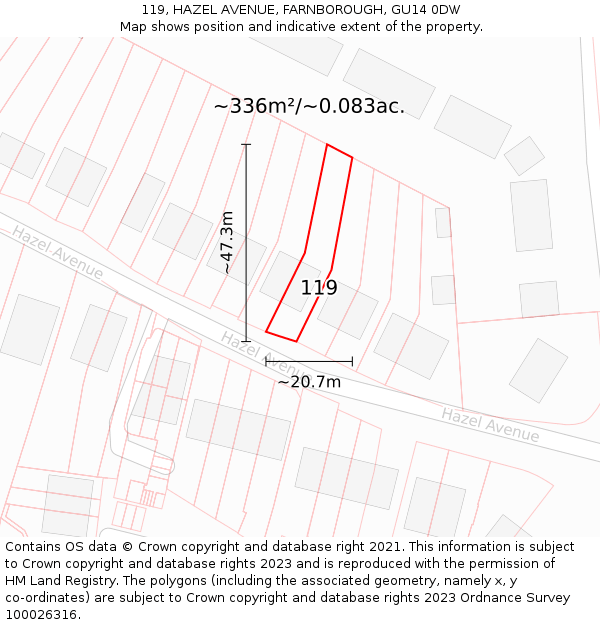 119, HAZEL AVENUE, FARNBOROUGH, GU14 0DW: Plot and title map