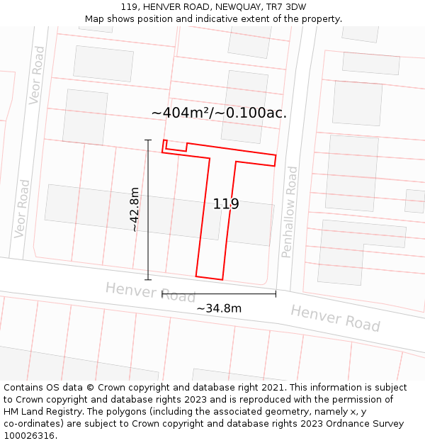 119, HENVER ROAD, NEWQUAY, TR7 3DW: Plot and title map