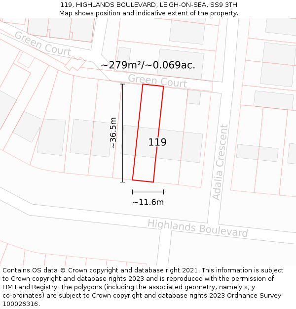 119, HIGHLANDS BOULEVARD, LEIGH-ON-SEA, SS9 3TH: Plot and title map