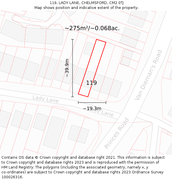 119, LADY LANE, CHELMSFORD, CM2 0TJ: Plot and title map