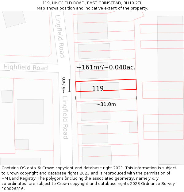 119, LINGFIELD ROAD, EAST GRINSTEAD, RH19 2EL: Plot and title map