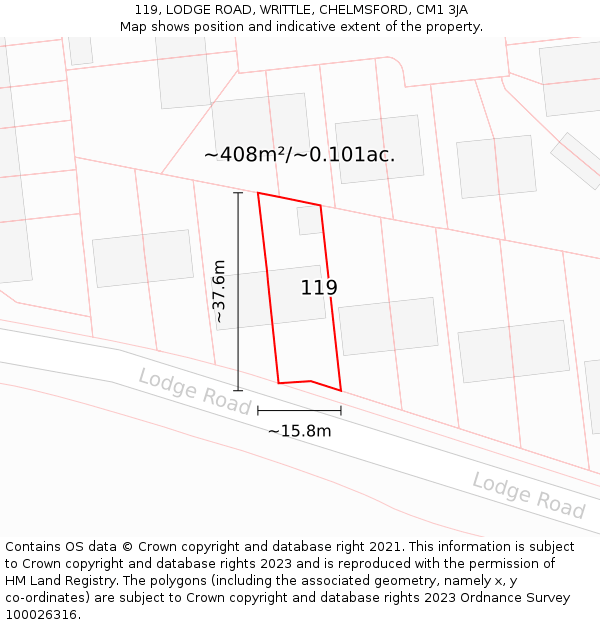 119, LODGE ROAD, WRITTLE, CHELMSFORD, CM1 3JA: Plot and title map