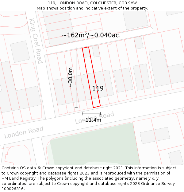 119, LONDON ROAD, COLCHESTER, CO3 9AW: Plot and title map