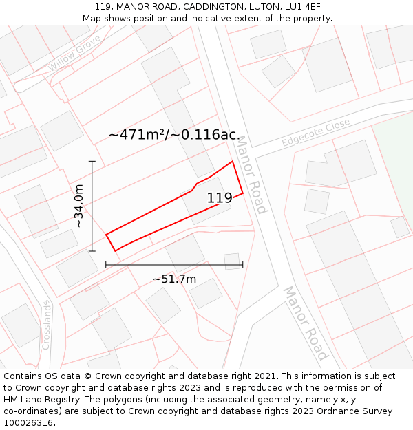 119, MANOR ROAD, CADDINGTON, LUTON, LU1 4EF: Plot and title map