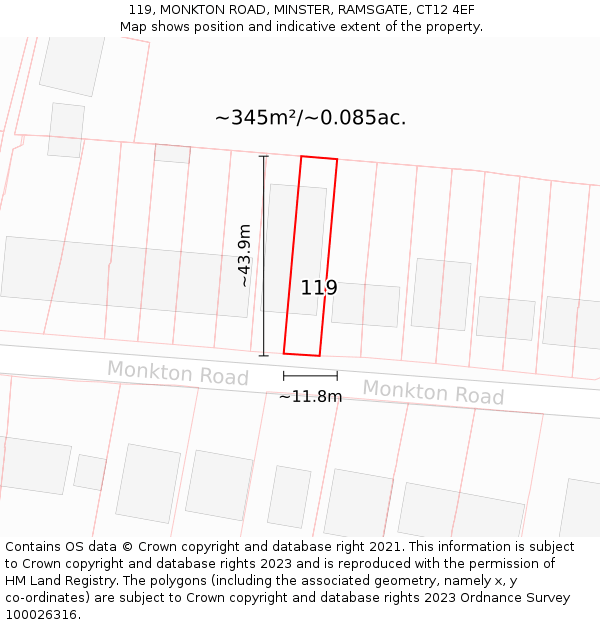 119, MONKTON ROAD, MINSTER, RAMSGATE, CT12 4EF: Plot and title map