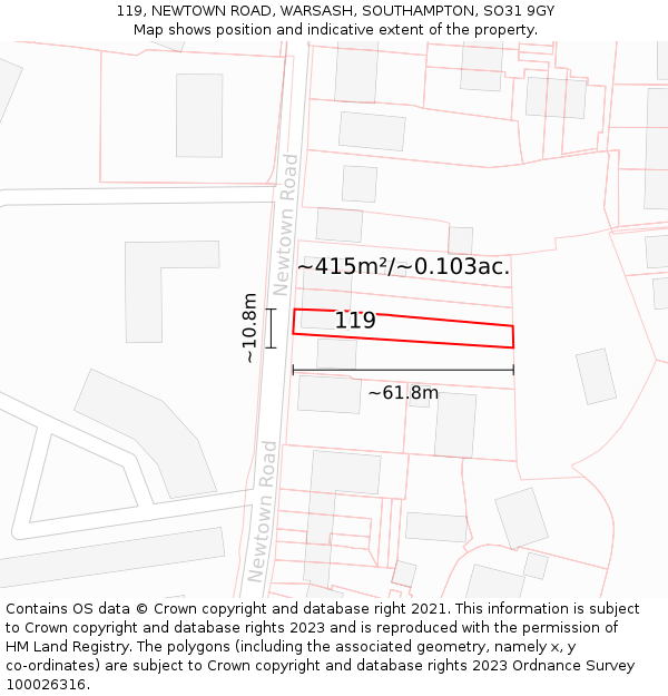 119, NEWTOWN ROAD, WARSASH, SOUTHAMPTON, SO31 9GY: Plot and title map