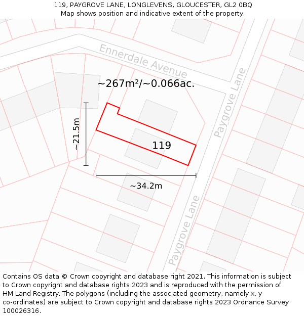 119, PAYGROVE LANE, LONGLEVENS, GLOUCESTER, GL2 0BQ: Plot and title map