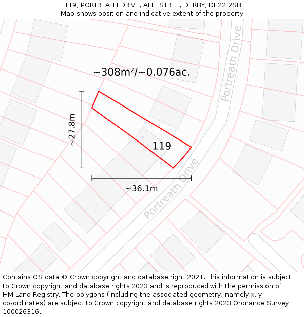 119, PORTREATH DRIVE, ALLESTREE, DERBY, DE22 2SB: Plot and title map