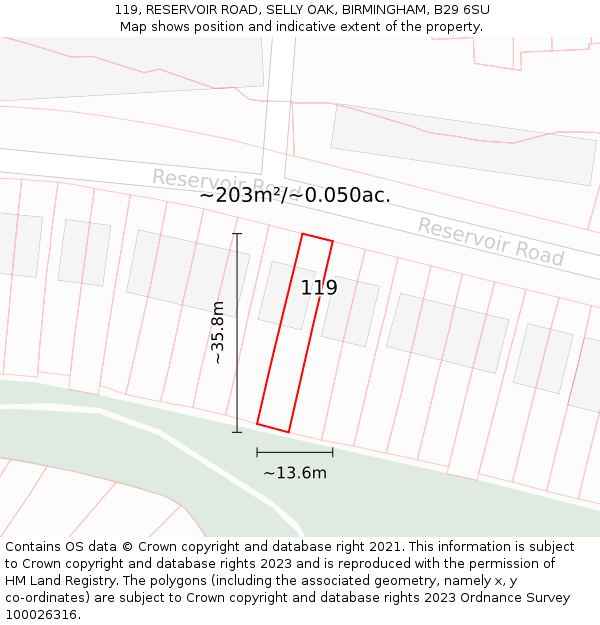 119, RESERVOIR ROAD, SELLY OAK, BIRMINGHAM, B29 6SU: Plot and title map