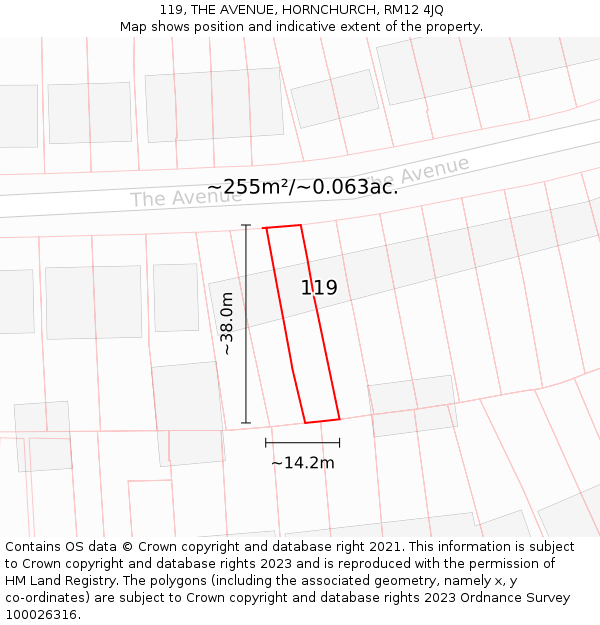 119, THE AVENUE, HORNCHURCH, RM12 4JQ: Plot and title map