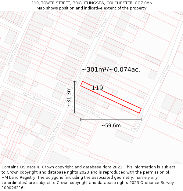 119, TOWER STREET, BRIGHTLINGSEA, COLCHESTER, CO7 0AN: Plot and title map