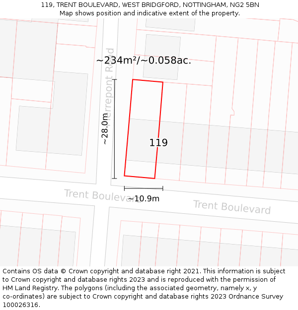 119, TRENT BOULEVARD, WEST BRIDGFORD, NOTTINGHAM, NG2 5BN: Plot and title map