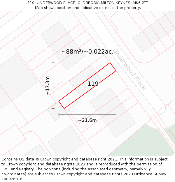 119, UNDERWOOD PLACE, OLDBROOK, MILTON KEYNES, MK6 2TT: Plot and title map