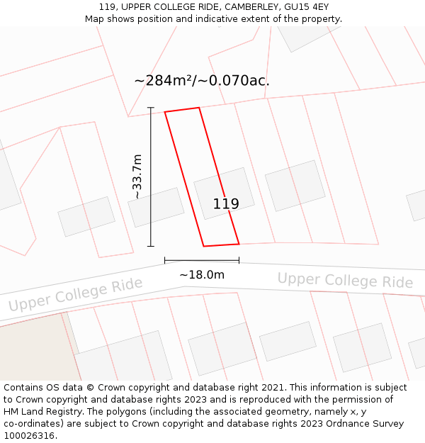 119, UPPER COLLEGE RIDE, CAMBERLEY, GU15 4EY: Plot and title map