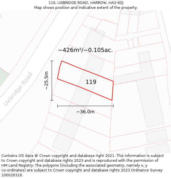 119, UXBRIDGE ROAD, HARROW, HA3 6DJ: Plot and title map